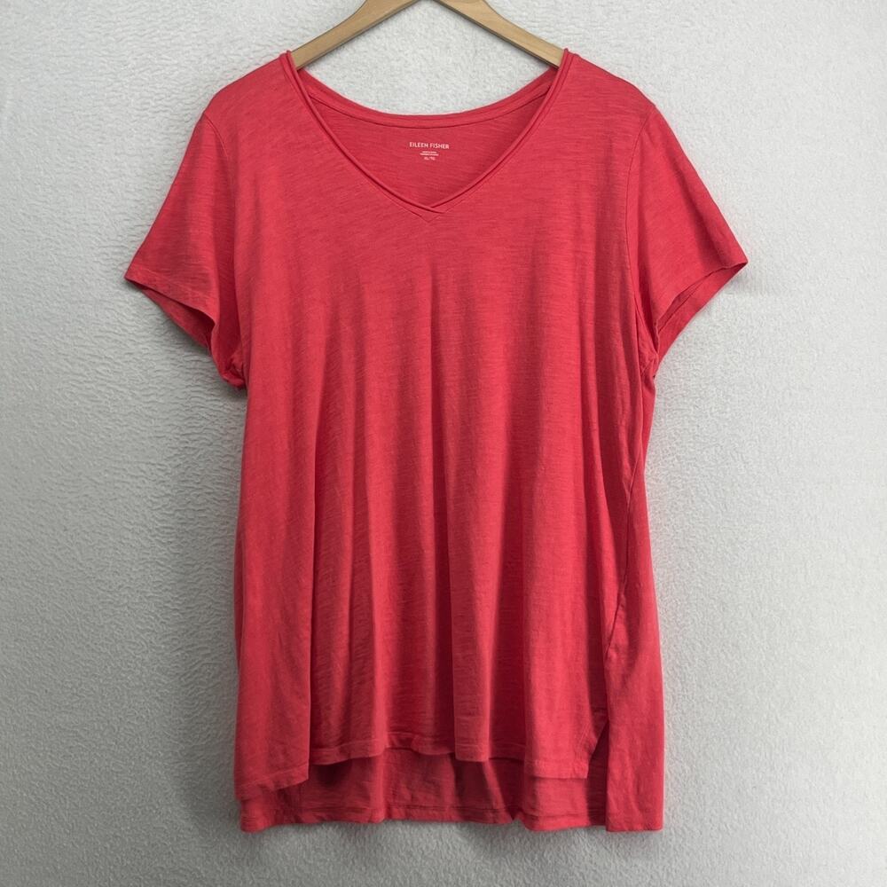 EILEEN FISHER Top XL Slub Organic Cotton Jersey V-Neck Short Sleeve Coral Pink